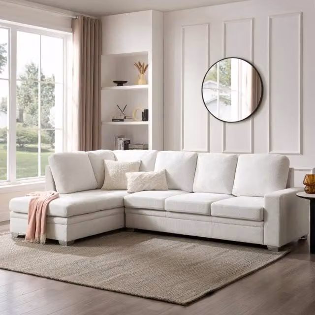 Home Detail Alcott Left Hand Facing L-Shape Corner Sofa in Cream Fabric, W: 268 cm x D: 179 cm x H: 86 cm
