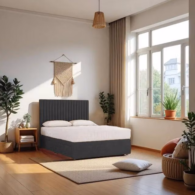 Knight Sleep Emily Plush Velvet Divan Bed Set with Princess Mattress and Headboard in Charcoal Grey, W/D/H: 140 x 200 cm – 1