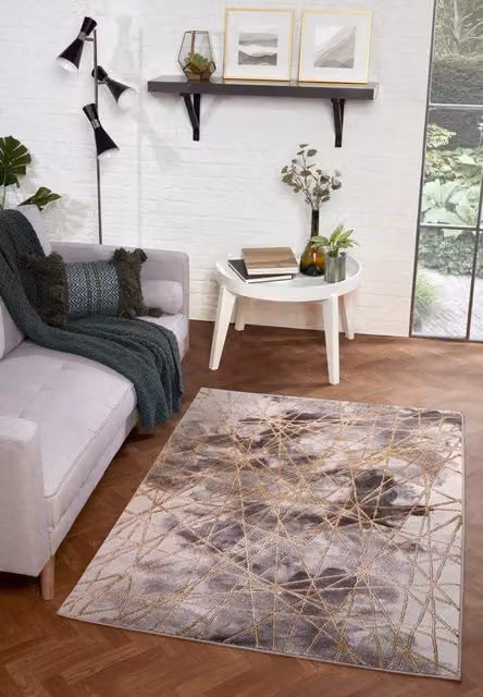 Celebrity Interiors Bianco 185TA Grey and Gold Rectangular Rug, W: 160 cm, D: 225 cm