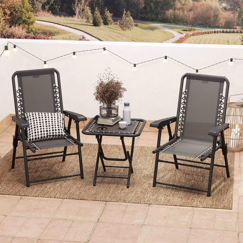 STILVORA Black Metal Garden Bistro Set with Folding Mesh Seats – 2