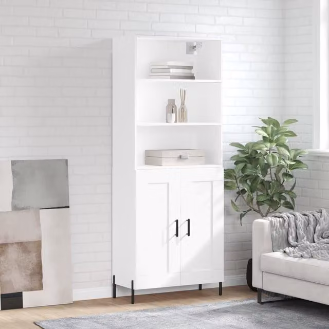 Berkfield Home Modern White Highboard with Hinged Doors and Internal Shelves, W/D/H: 69.5 x 34 x 180 cm