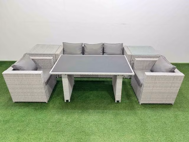 Fimous Modern Patio Garden Furniture Set with Dining Table and 2 Side Tables in Light Grey Rattan and Metal with Glass Top