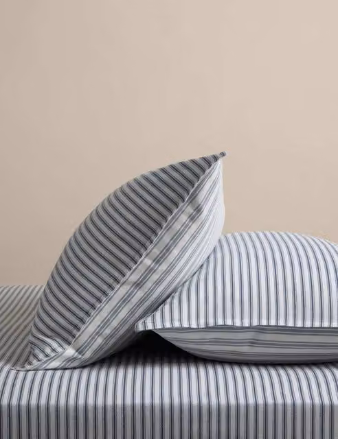 M&S 2 Pack Striped Brushed Cotton Pillowcases in Slate Blue