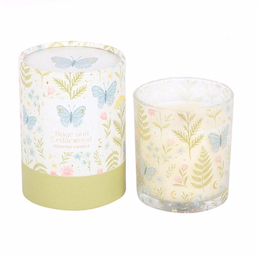 Uniqueful Luna Bloom Butterfly Sage & Cedarwood Floral Pillar Candle in Green and Multicolour, 1 Pack – 2