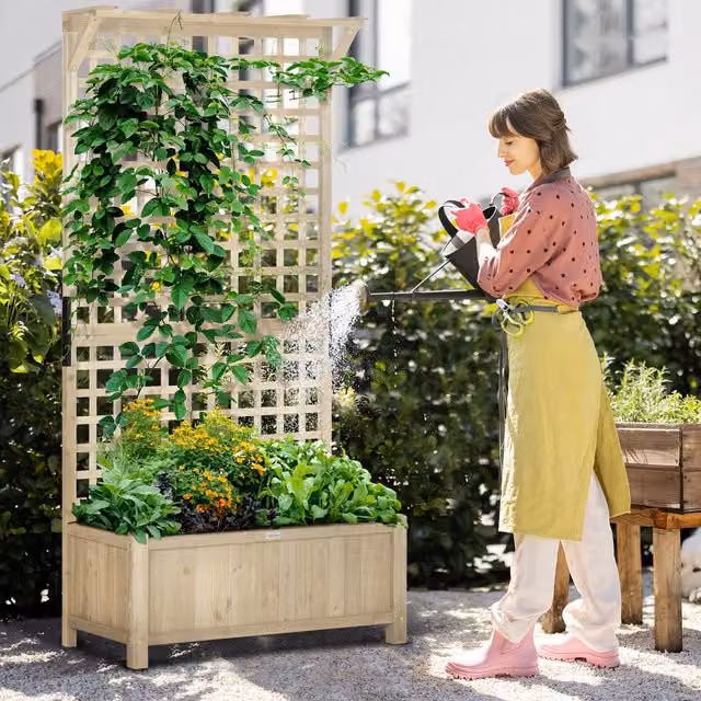 HOMCOM Brown Wood Planter Box with Trellis