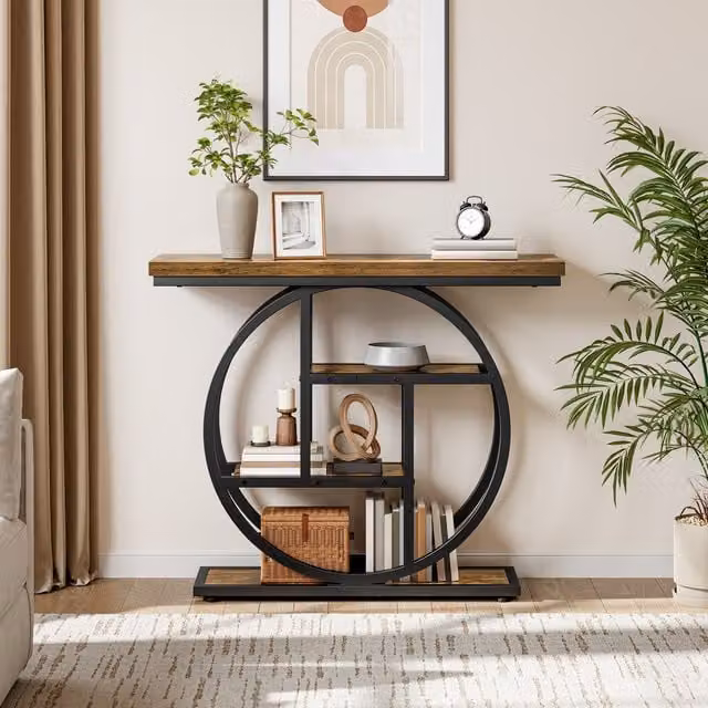 Yaheetech Rustic Industrial Console Table in Brown and Black with Wood and Metal Construction