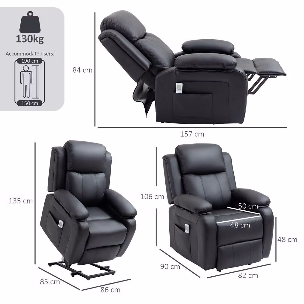 HOMCOM Black Synthetic Leather Power Lift Recliner and Riser Chair with Remote Control – 3