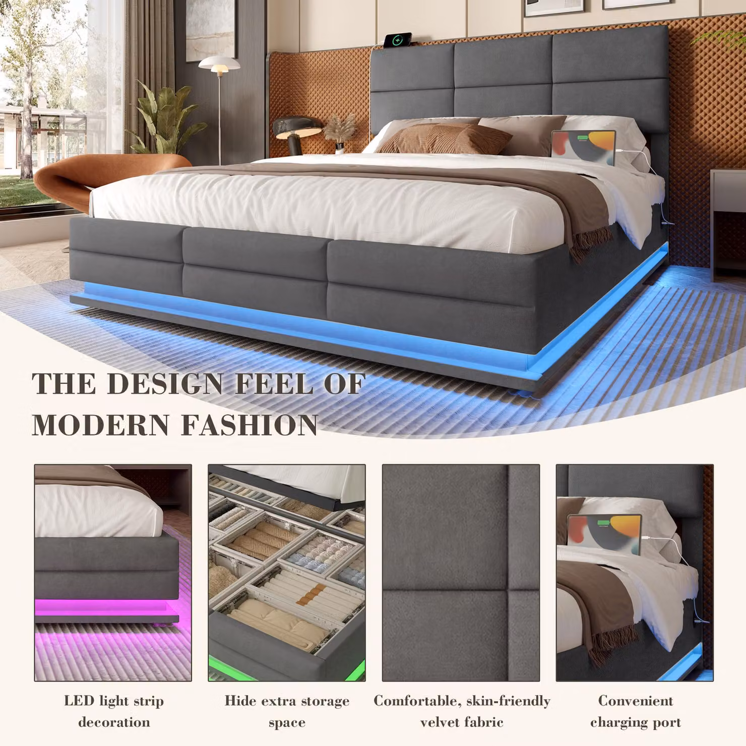 Aosom UK Modern Velvet Upholstered Double Bed with 3-Stage Adjustable Headboard, LED Lighting and USB Charging Port, Dark Grey, W/D/H: 202 x 155 x 115 cm – 4