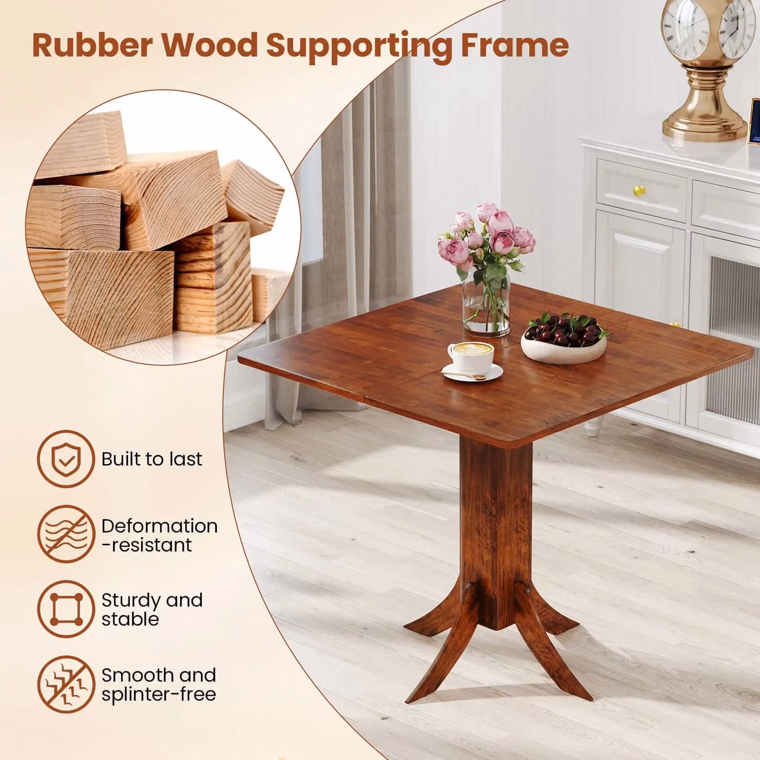Gymax Square Wooden Kitchen Dining Table with Pedestal Base in Brown, W/D/H: 84 x 84 x 77.5 cm – 4