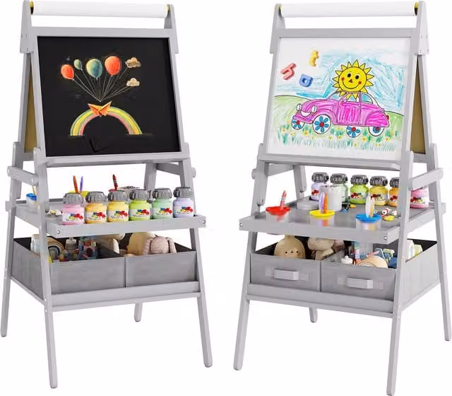 Costway Standing Art Easel and Whiteboard for Children in Grey