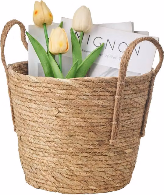 Eden & Willow Nordic Round Open Weave Straw Storage Basket with Handles in Brown and Beige