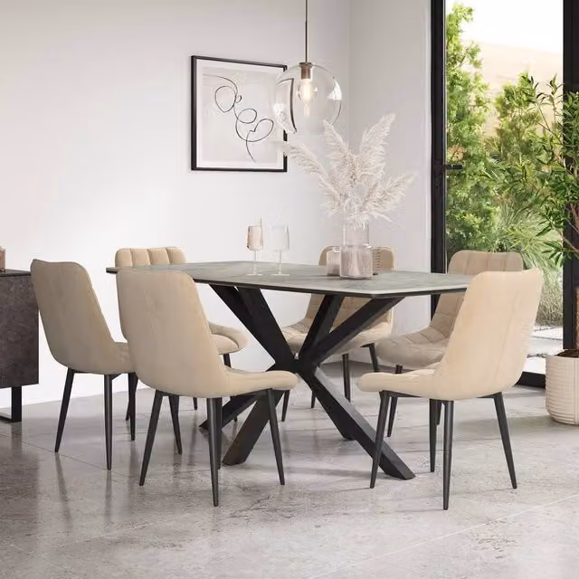 More4Homes Juno Light Grey Ceramic Rectangular Dining Table and 8 Nova Beige Velvet Chairs – 1