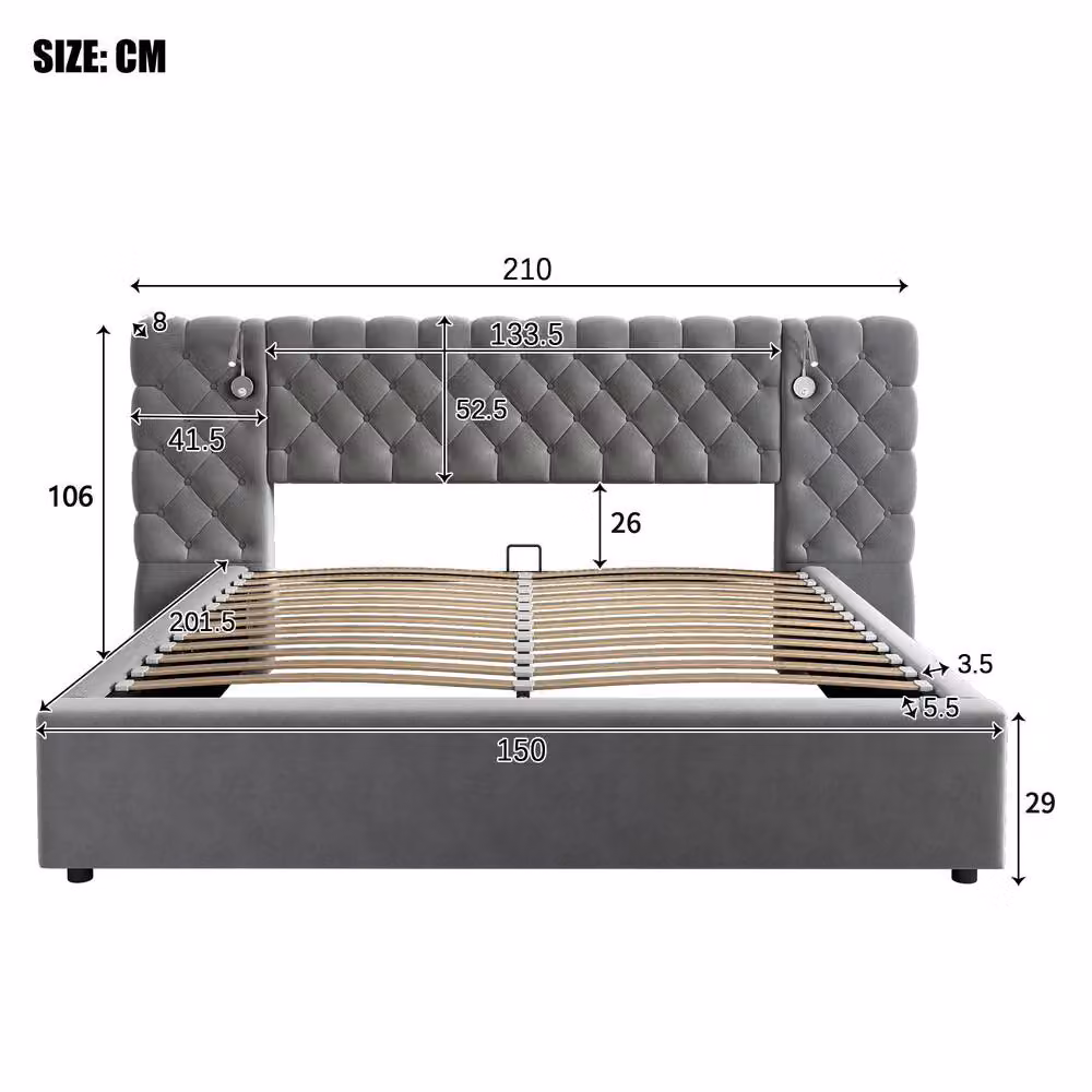 Merax Grey King Size Velvet Ottoman Storage Bed with Chesterfield Headboard and Integrated Reading Light, H: 106 cm, W: 150 cm, D: 200 cm – 4