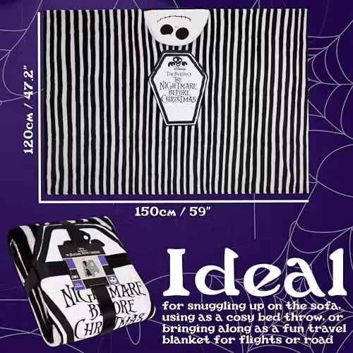 Disney The Nightmare Before Christmas Hooded Fleece Blanket in Black and White, W/D/H: 150 x 120 cm – 6