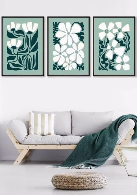 ARTZE Set of 3 Boho Abstract Floral Wall Art, Green and White with Black Frames, W: 33 cm, H: 45 cm, D: 2 cm