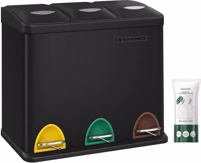 Kelvenix Black Steel Pedal Kitchen Waste Bin with 3 x 8L Removable Inner Buckets, W/D/H: 39.5 x 39.5 x 47 cm – 1