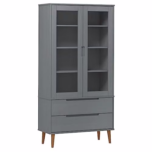 vidaXL MOLDE Vitrine Cabinet, Grey Lacquered Solid Pine Wood with Glass Doors, W/D/H: 90 x 35 x 175 cm