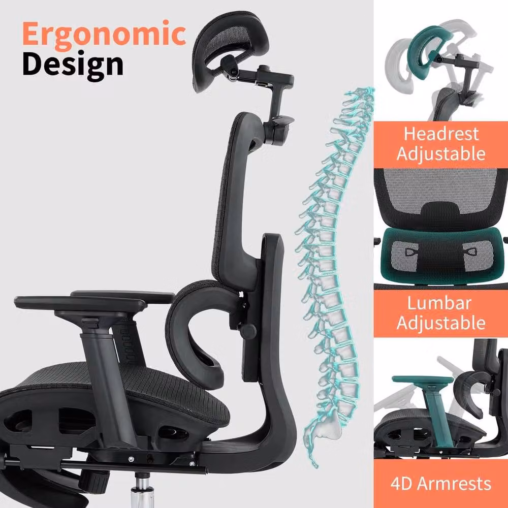 Havendro Ergonomic Adjustable Swivel Office Chair with Headrest and Armrests in Black Fabric – 2