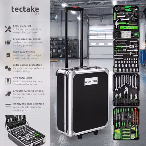 tectake Portable Tool Box Trolley Black Aluminium 1,200-Piece DIY Tool Kit with 4 Drawers and Wheels – 2