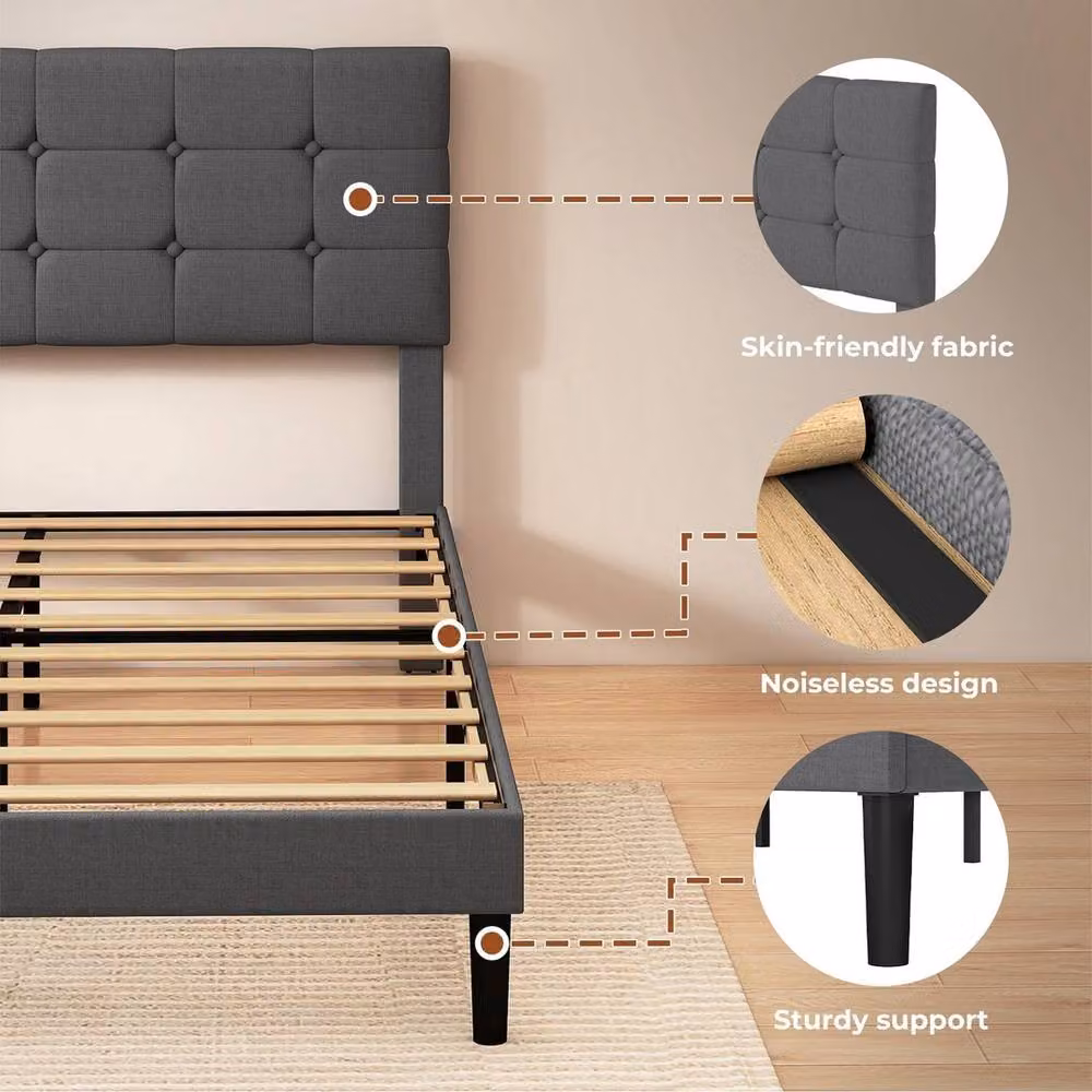 VOGREX Grey Upholstered Linen Double Bed Frame with Wooden Slats, W/D/H: 139 x 140 x 106 cm – 2