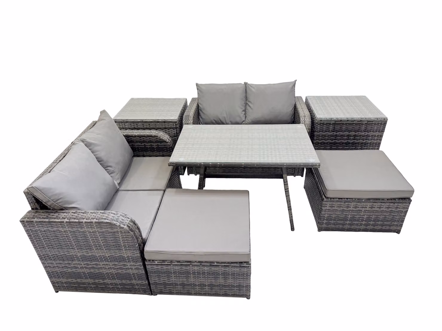 Fimous 6 Seater Rattan Dining Set with Oblong Glass Top Table and 2 Side Tables in Dark Grey – 2