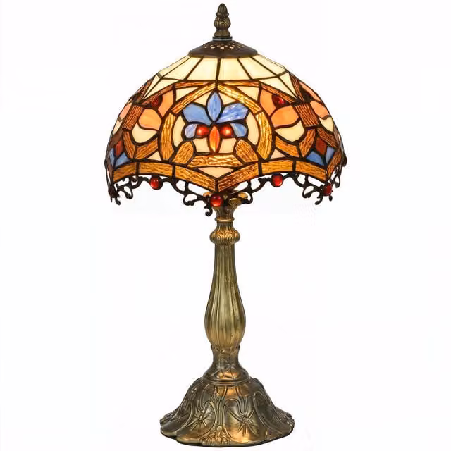 HOMCOM Art Nouveau Stained Glass Table Lamp, Multi-Coloured Handcrafted Bedside Light with Zinc Alloy and Glass Dome