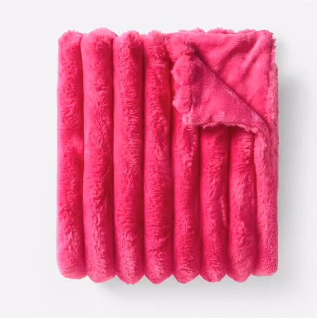 OHS Jumbo Fluffy Faux Fur Ribbed Throw in Pink
