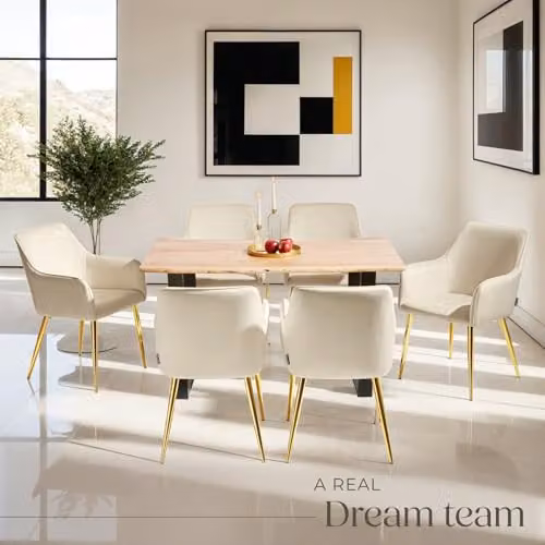tectake Set of 6 Avane Dining Chairs in Beige Velvet-Look Fabric with Gold Metal Legs – 2