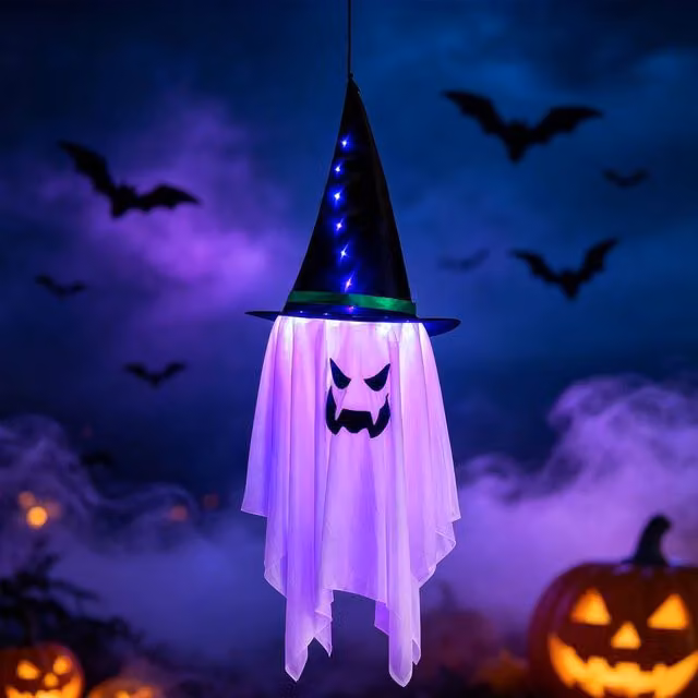 Lovii LED Light Up Hanging Ghost with Witch Hat for Halloween Parties, Purple – 1