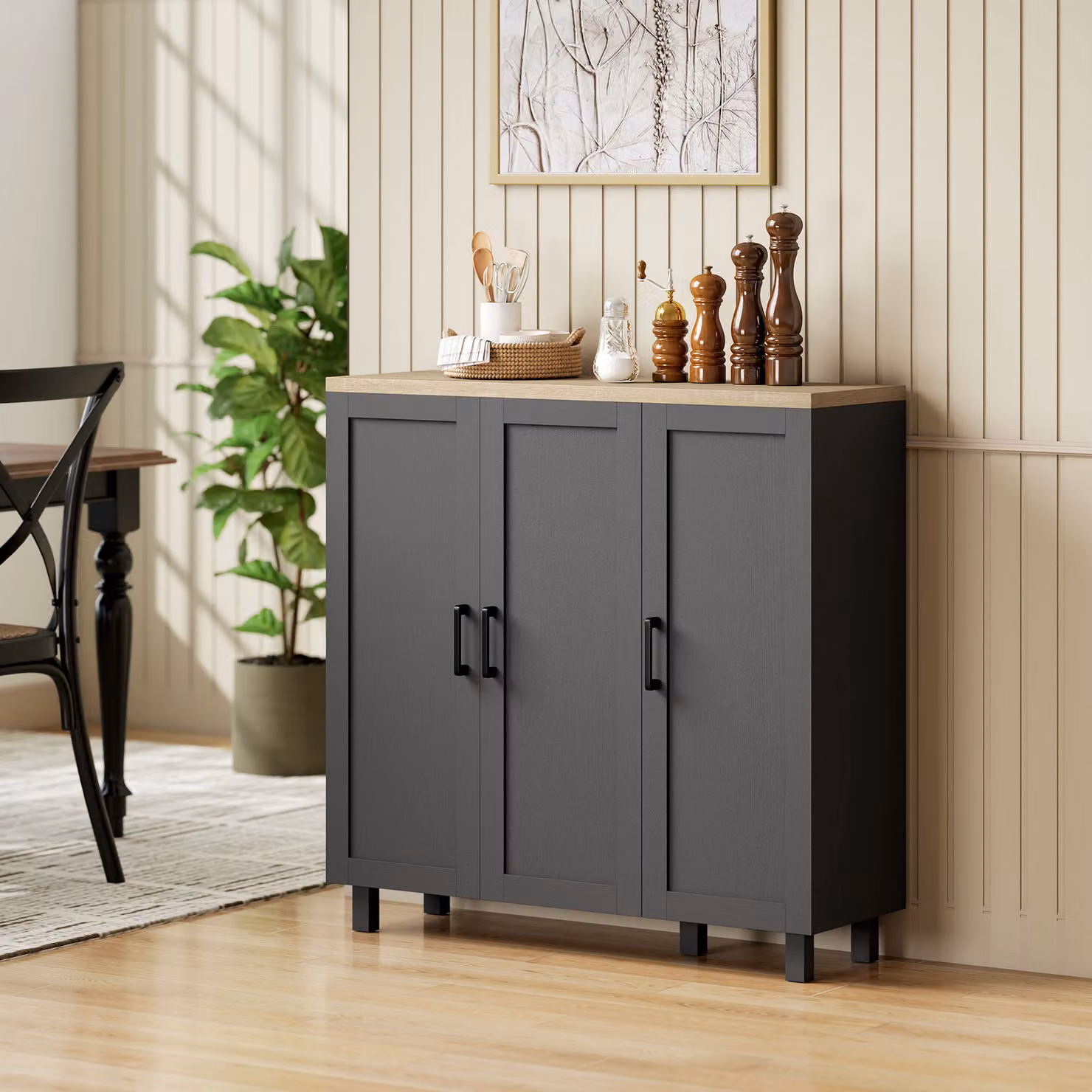 HOMCOM Modern Black Sideboard Buffet Cabinet with 3 Doors and Adjustable Shelves for Kitchen or Living Room Storage – 2