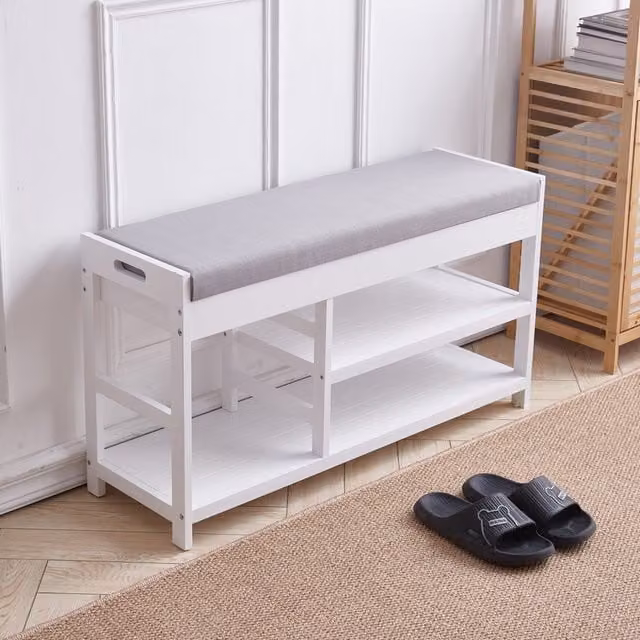 Livingandhome White Wooden Shoe Cabinet Bench with Fabric Cushion
