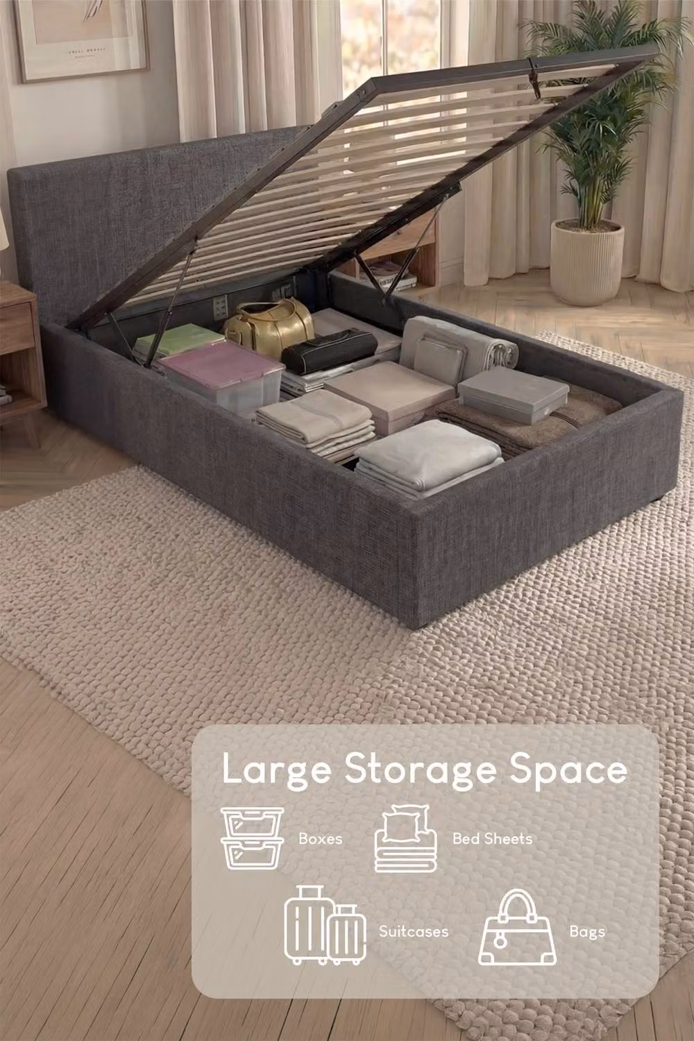 Vida Designs Veronica Single Ottoman Bed Frame in Dark Grey Linen Fabric with Lift Up Base – 2