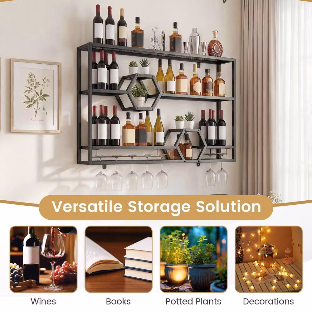 Costway 3 Tier Metal Wall Mounted Wine Rack with Glass Holder in Matt Black – 6