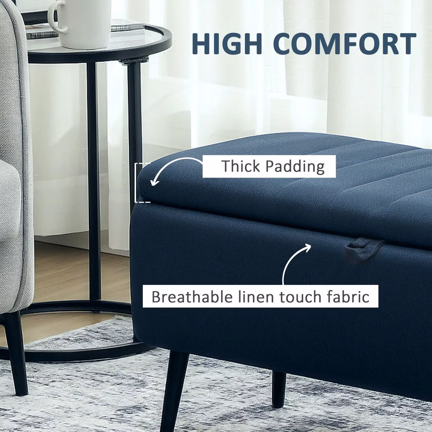 HOMCOM Modern Fabric Storage Ottoman Bench with Padded Top and Metal Legs in Blue, W/D/H: 150 x 44 x 44 cm – 5