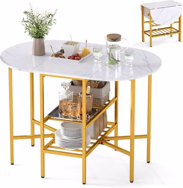 Costway Oval Folding Kitchen Dining Table with 2 Drop-Leaf Side Panels in White