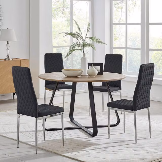 FurnitureboxUK Santorini Brown Wood Round Dining Table and 4 Black Milan Chairs Set, Diameter: 120 cm