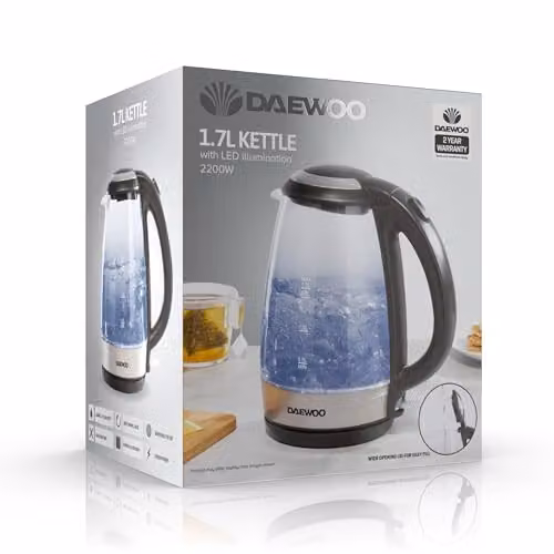 Daewoo 1.7L Glass and Stainless Steel Electric Kettle with LED Light, 2200W Fast Boil and Auto Shut-Off in Transparent Blue – 5