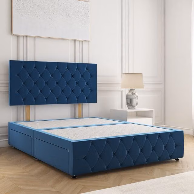 BSSPOKE Mulberry Blue Velvet Single Divan Bed with 24 inch Chesterfield Headboard and 2 Drawers W/D/H: 90 x 190 x 30.48 cm – 1