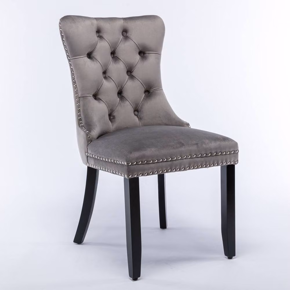 Modern Home Touch Romsey Set of 4 Grey Velvet Upholstered Dining Chairs with Oak Legs and Knocker Ring Back – 2