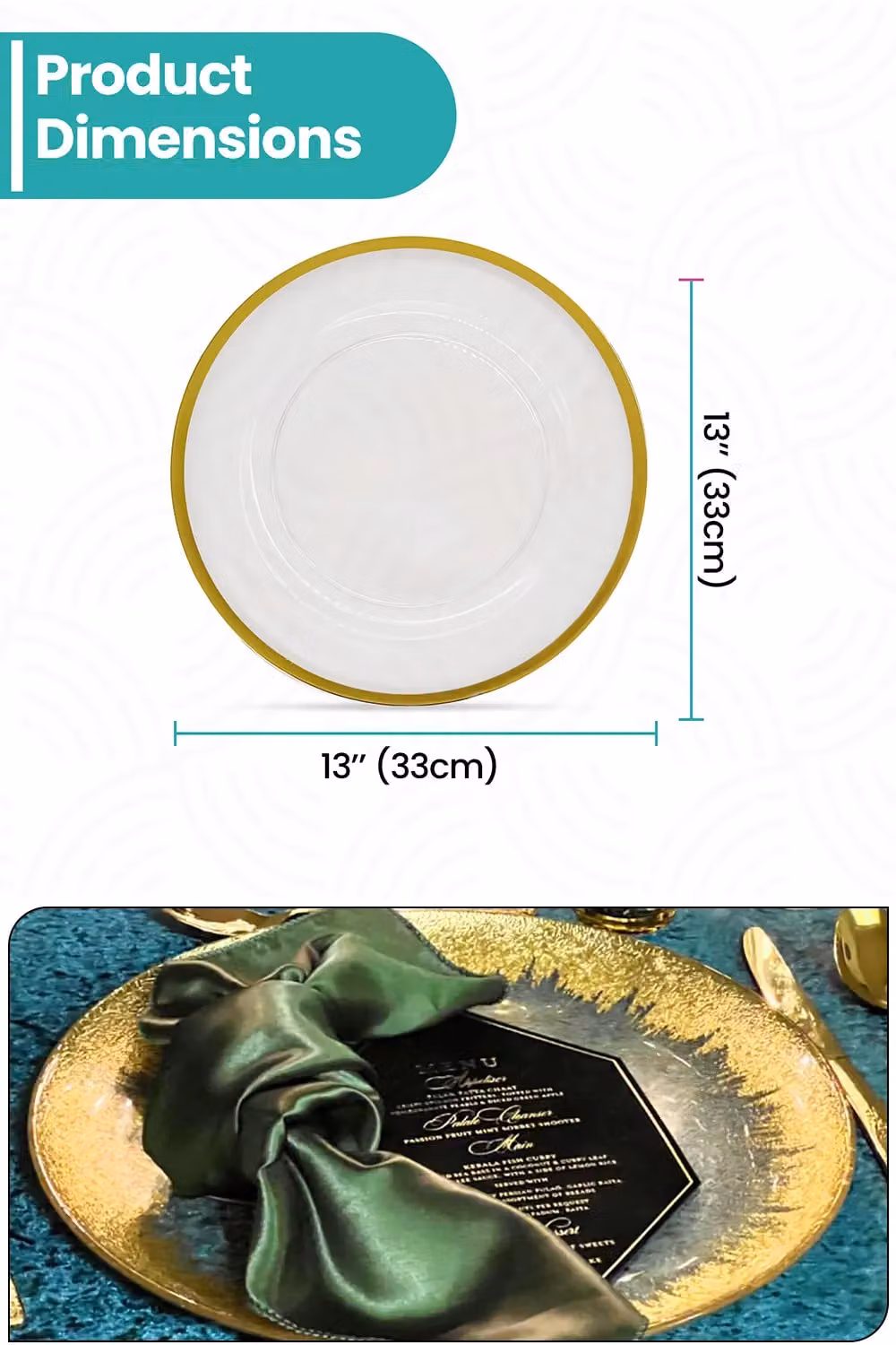 Set of 12 Neel Blue Glass Charger Plates with Gold Trim, Diameter: 33 cm – 1
