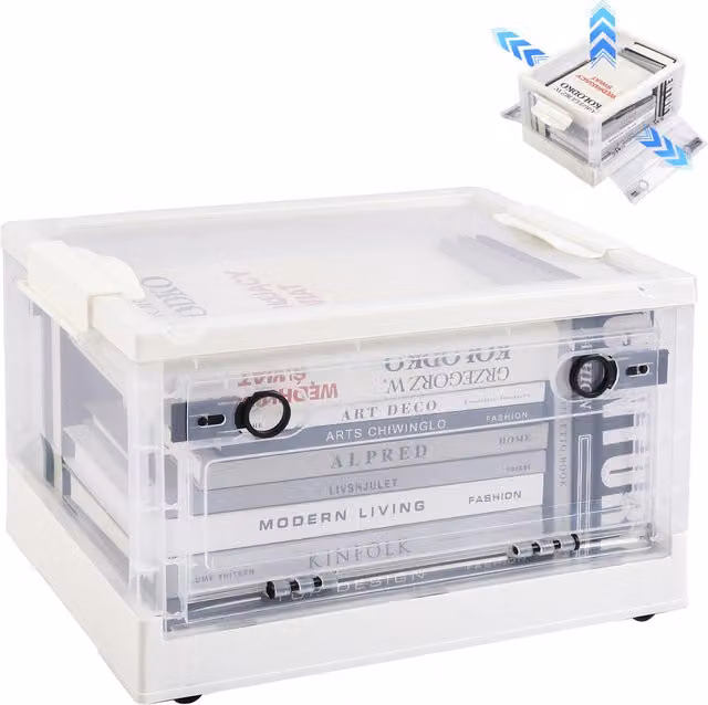 Livingandhome Foldable Plastic Storage Box with Lid and Wheels in White and Transparent