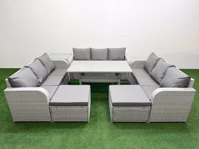 Fimous 11 Seater PE Rattan Outdoor Garden Furniture Set in Grey with Rectangular Dining Table, 3 Seater Sofa, 2 Large Footstools and Side Table
