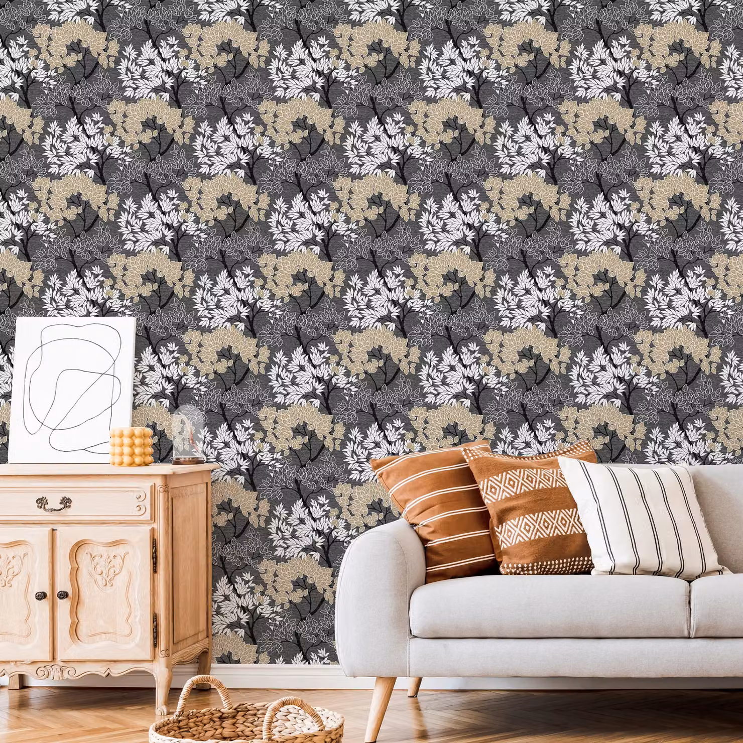 Fresco Lykke Silhouette Forest Floral Wallpaper in Black, White and Grey, Width: 52 cm – 2