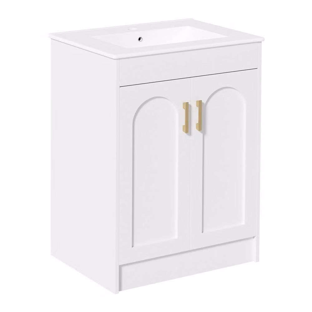 KEEPREAPER Sleek White Glossy Mid-Century Bathroom Vanity Unit with Ceramic Wash Basin and 2 Soft-Close Hinged Doors – 3