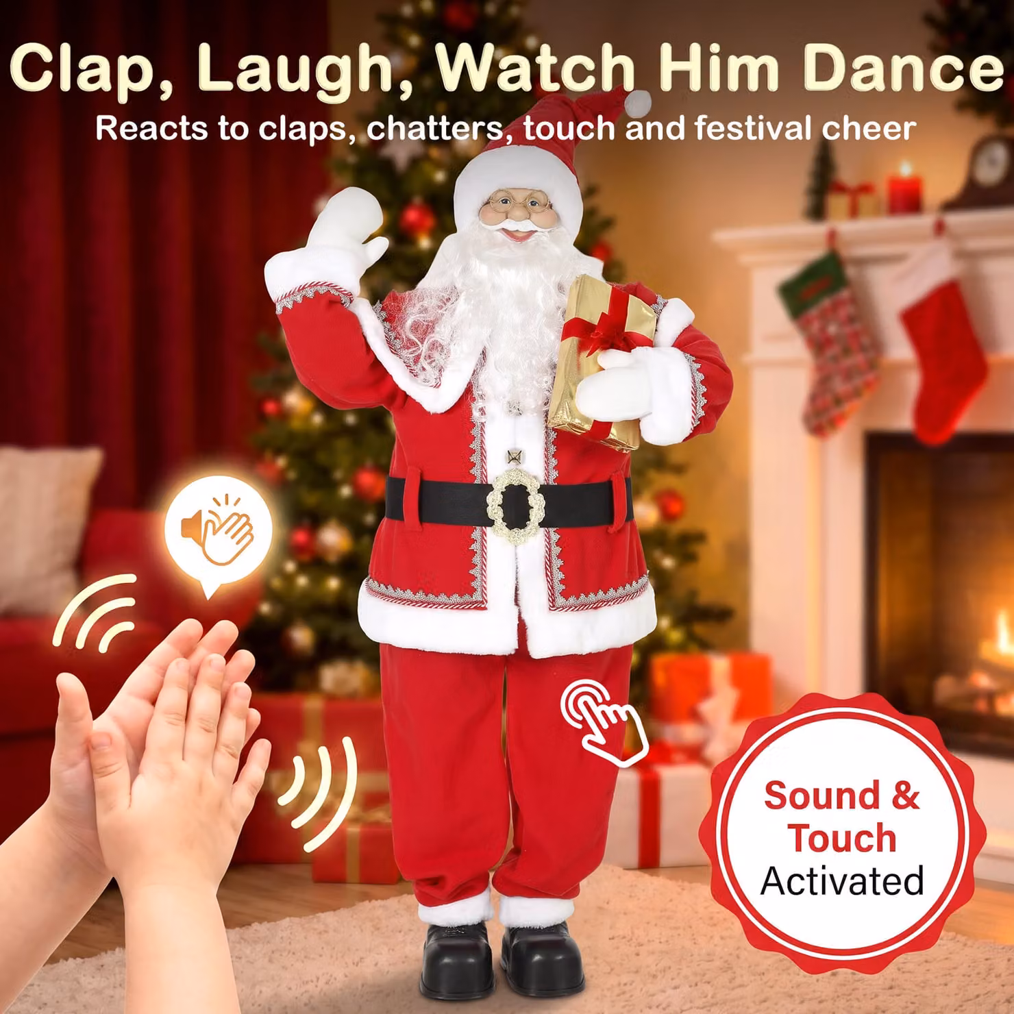 HOMCOM 5ft Life Size Animated Singing Santa Claus in Red with Rotating Head, Waving Hand and Posable Arms, Height: 152.4 cm – 5