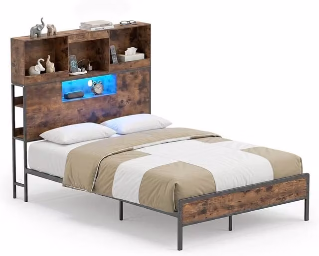 Gymax King Size Industrial Metal Bed Frame in Brown with LED Under-Bed Lighting, USB Charging Port and Side Compartments, W: 180 cm x D: 200 cm
