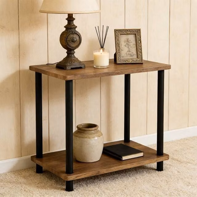 FORGEVIO Small 2-Tier Oak Finish Side Table with Shelf in Brown