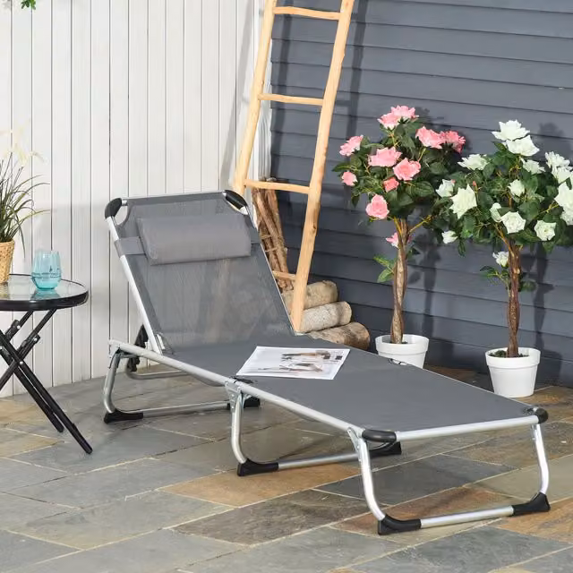 Outsunny Grey Folding Outdoor Reclining Sun Lounger with Adjustable Headrest and Powder Coated Aluminium Frame