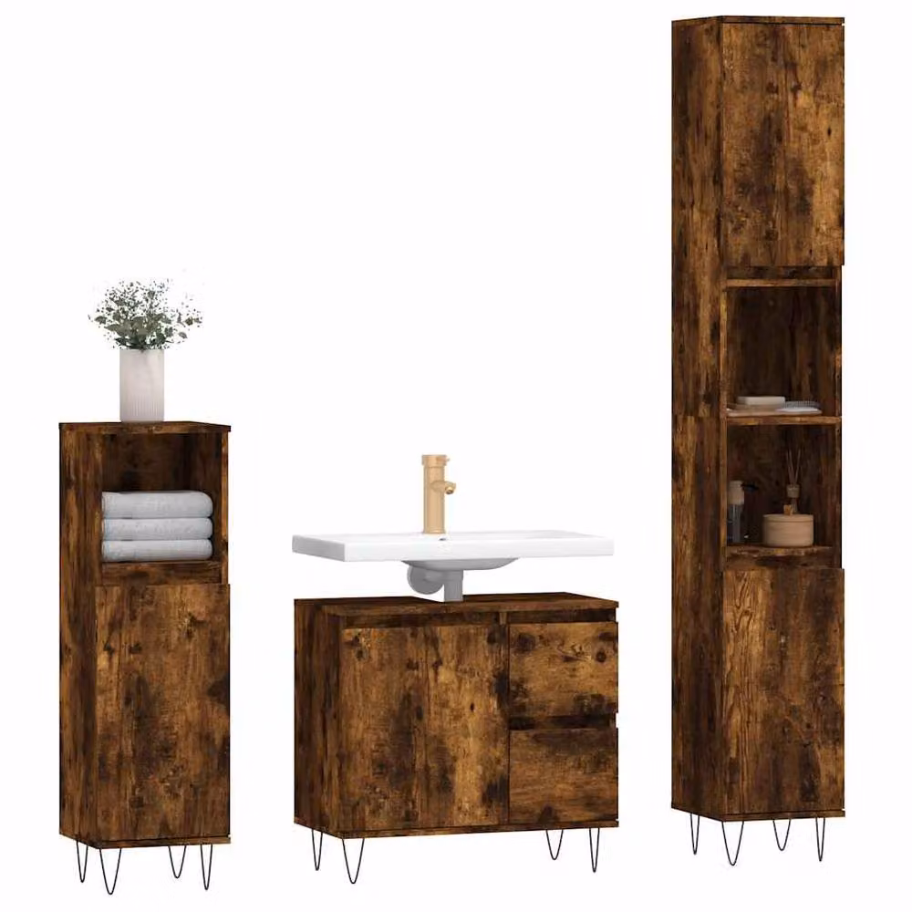 Berkfield Home 3 Piece Modern Freestanding Bathroom Furniture Set in Brown Smoked Oak – 2
