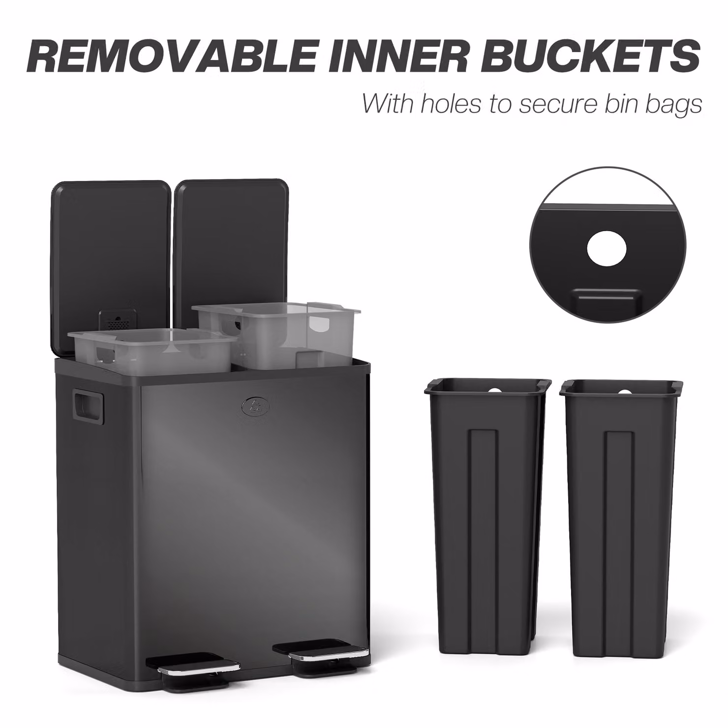 HOMCOM 40L Dual Compartment Stainless Steel Pedal Bin with Odour Filter and Removable Inner Buckets, Glossy Black – 5